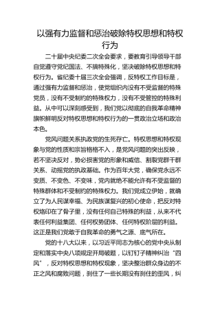 以强有力监督和惩治破除特权思想和特权行为