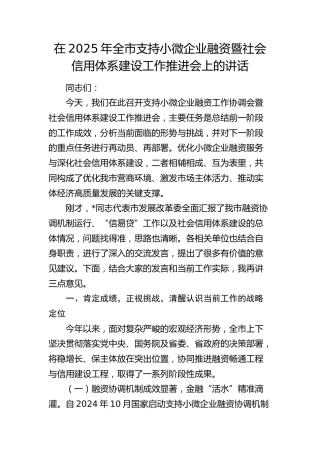 全市支持小微企业融资暨社会信用体系建设工作推进会上的讲话