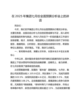 在2025年公司七月份全面预算分析会上的讲话