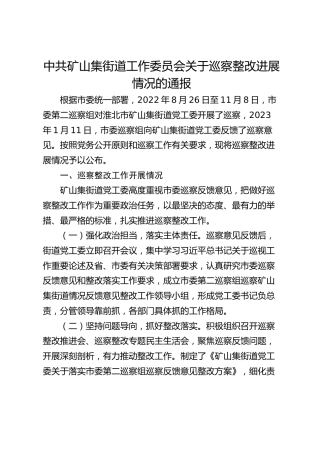 中共矿山集街道工作委员会关于巡察整改进展情况的通报