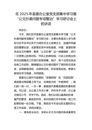 县委办公室党支部集中学习暨“公文抄袭问题专项整治”学习研讨会上的讲话