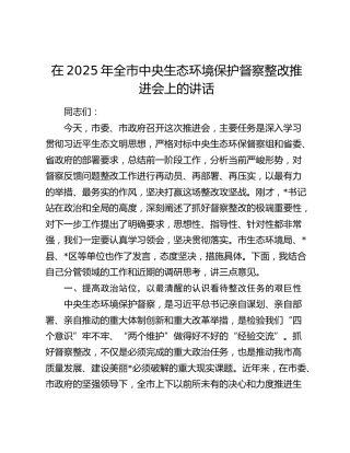 全市中央生态环境保护督察整改推进会上的讲话