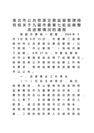 淮北市公共资源交易监督管理局党组关于九届市委第七轮巡察整改进展情况的通报