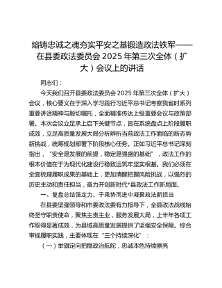 在县委政法委员会2025年第三次全体（扩大）会议上的讲话：熔铸忠诚之魂 夯实平安之基 锻造政法铁军