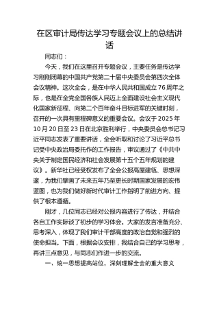 （四中全会）在区审计局传达学习专题会议上的总结讲话
