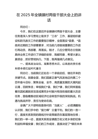 全镇镇村两级干部大会上的讲话（乡镇）