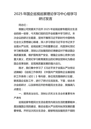 国企公司巡视（巡察）理论学习中心组学习研讨发言