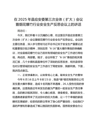 县应安委第三次全体（扩大）会议暨烟花爆竹行业安全生产反思会议上的讲话