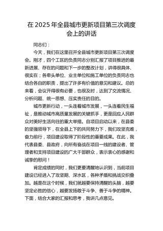 全县城市更新项目第三次调度会上的讲话