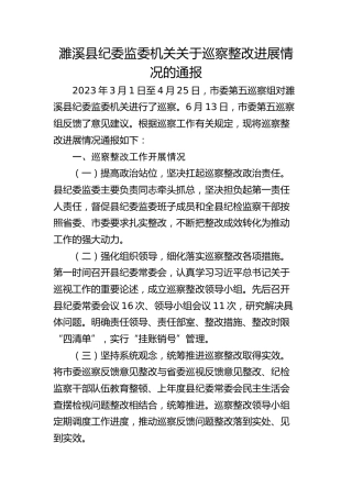 濉溪县纪委监委机关关于巡察整改进展情况的通报