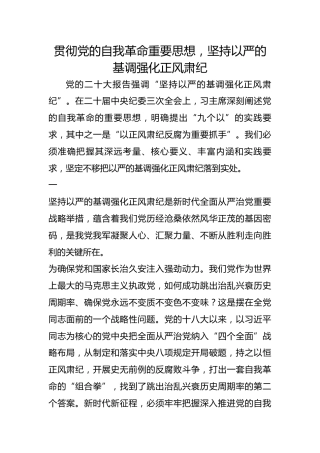 贯彻党的自我革命重要思想，坚持以严的基调强化正风肃纪