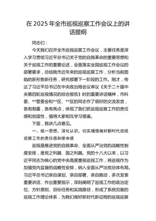 全市巡视（巡察）工作会议上的讲话提纲