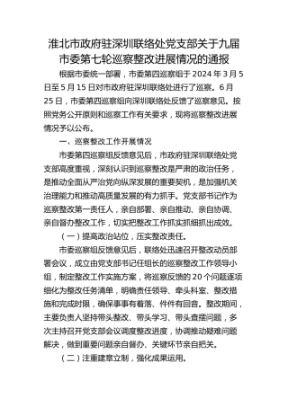 淮北市政府驻深圳联络处党支部关于九届市委第七轮巡察整改进展情况的通报