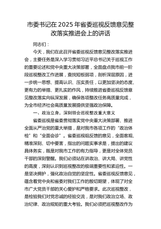 市委书记在2025年省委巡视（巡察）反馈意见整改落实推进会上的讲话