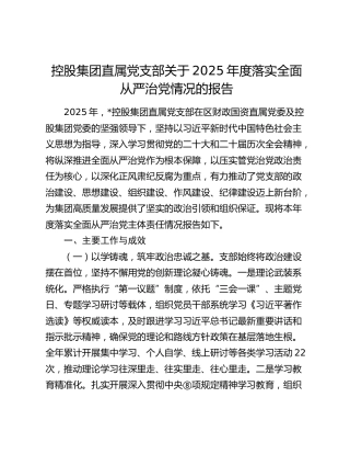 公司党支部2025年度落实全面从严治党情况报告