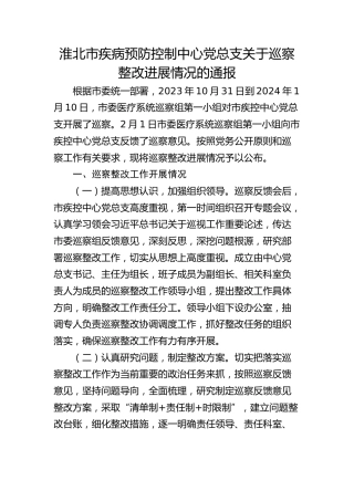 淮北市疾病预防控制中心党总支关于巡察整改进展情况的通报