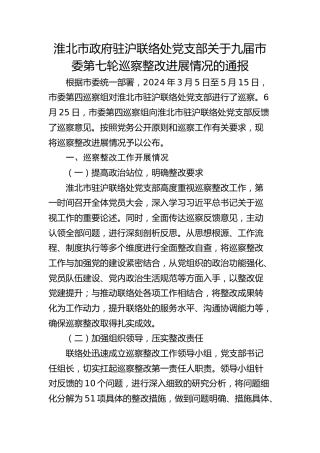 淮北市政府驻沪联络处党支部关于九届市委第七轮巡察整改进展情况的通报