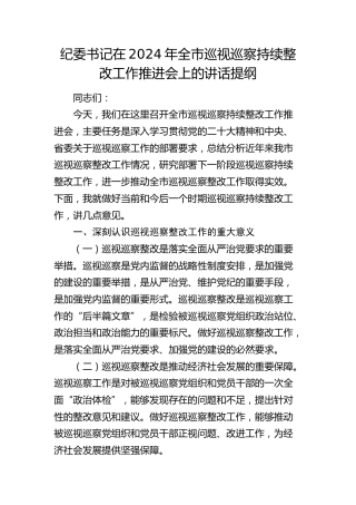 纪委书记在2024年全市巡视（巡察）持续整改工作推进会上的讲话