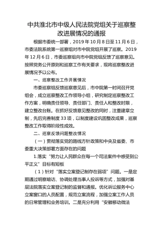 市中级人民法院党组关于巡察整改进展情况的通报