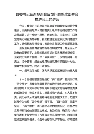 县委书记在巡视（巡察）反馈问题整改部署会推进会上的讲话