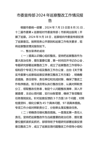 市委宣传部巡察整改工作情况报告