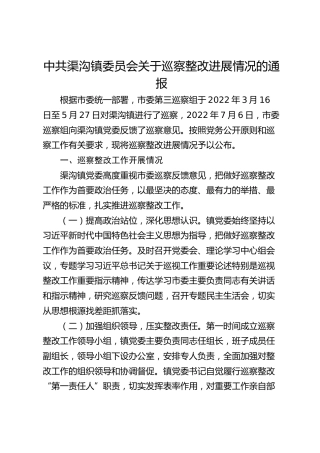 中共渠沟镇委员会关于巡察整改进展情况的通报