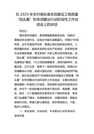 农村高标准农田建设工程质量“回头看”和专项整治行动阶段性工作总结会上的讲话