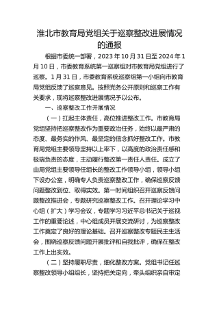 淮北市教育局党组关于巡察整改进展情况的通报