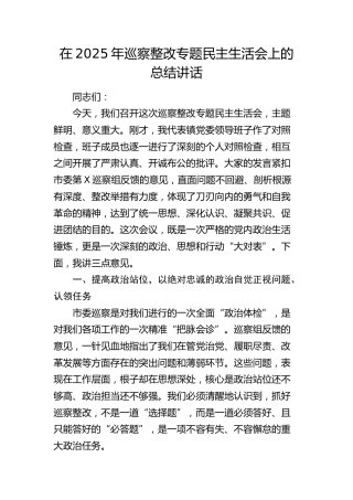 在2025年巡察整改专题民主生活会上的总结讲话(1)