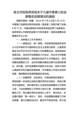 淮北市财政局党组关于九届市委第七轮巡察整改进展情况的通报