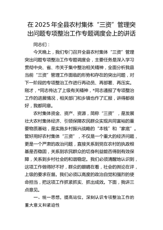 全县农村集体“三资”管理突出问题专项整治工作专题调度会上的讲话