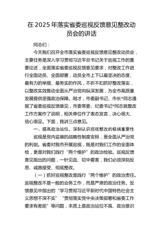 落实省委巡视反馈意见整改动员会的讲话