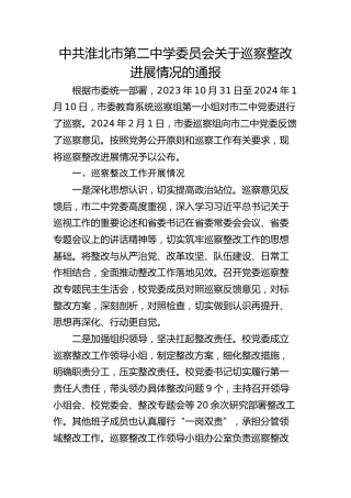市第二中学委员会关于巡察整改进展情况的通报