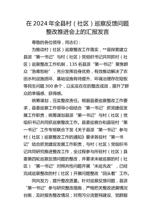 全县村（社区）巡察反馈问题整改推进会上的汇报发言