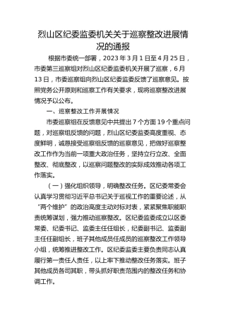 烈山区纪委监委机关关于巡察整改进展情况的通报