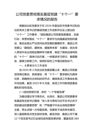 公司党委贯彻落实基层党建“十个一”要求情况总结报告4700字