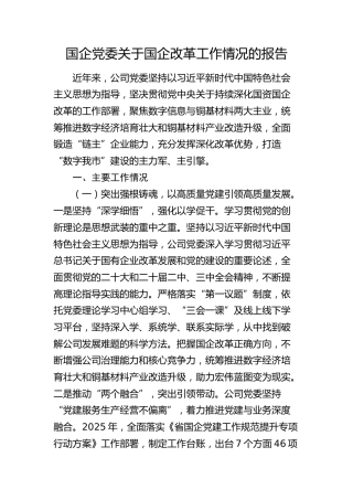 国企党委关于国企改革工作情况总结报告（公司）