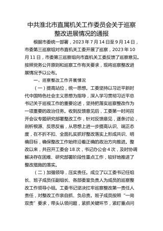 市直属机关工作委员会关于巡察整改进展情况的通报