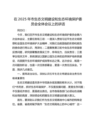 市生态文明建设和生态环境保护委员会全体会议上的讲话