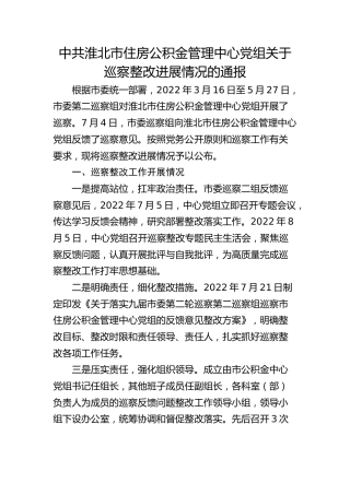 市住房公积金管理中心党组关于巡察整改进展情况的通报
