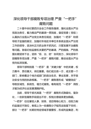 深化领导干部腐败专项治理 严查“一把手”腐败问题