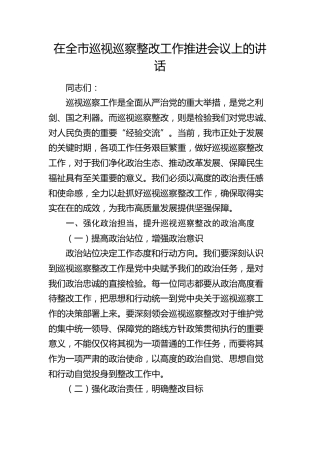 全市巡视（巡察）整改工作推进会议上的讲话