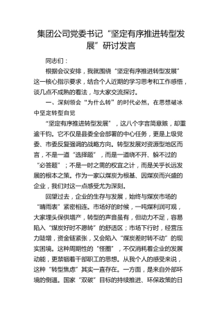 公司党委书记“坚定有序推进转型发展”研讨发言