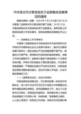 市文联党组关于巡察整改进展情况的通报
