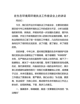 在生态环境局环境执法工作座谈会上的讲话