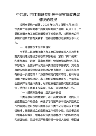 市工商联党组关于巡察整改进展情况的通报