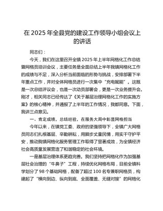 全县党的建设工作领导小组会议上的讲话