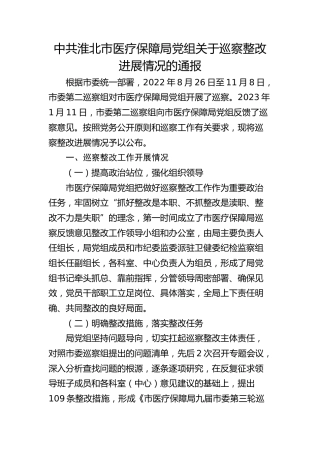 市医疗保障局党组关于巡察整改进展情况的通报