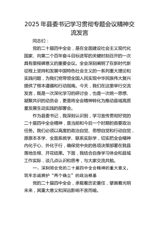 （四中全会）2025年县委书记学习贯彻专题会议精神交流发言