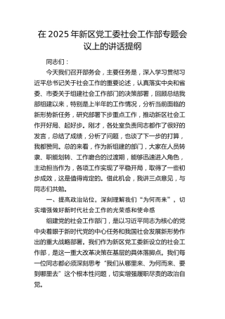 新区党工委社会工作部专题会议上的讲话提纲